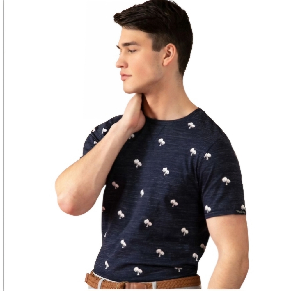 #33 Men's DISTILLERY SM P2p20 L29 MAUI PALM PRINT COTTON T-SHIRT Iris Navy As IS